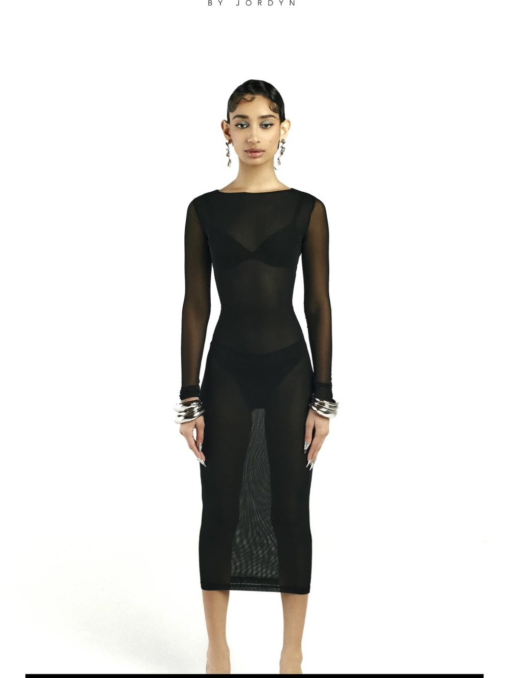 Sheer Long-Sleeve Black Midi Dress